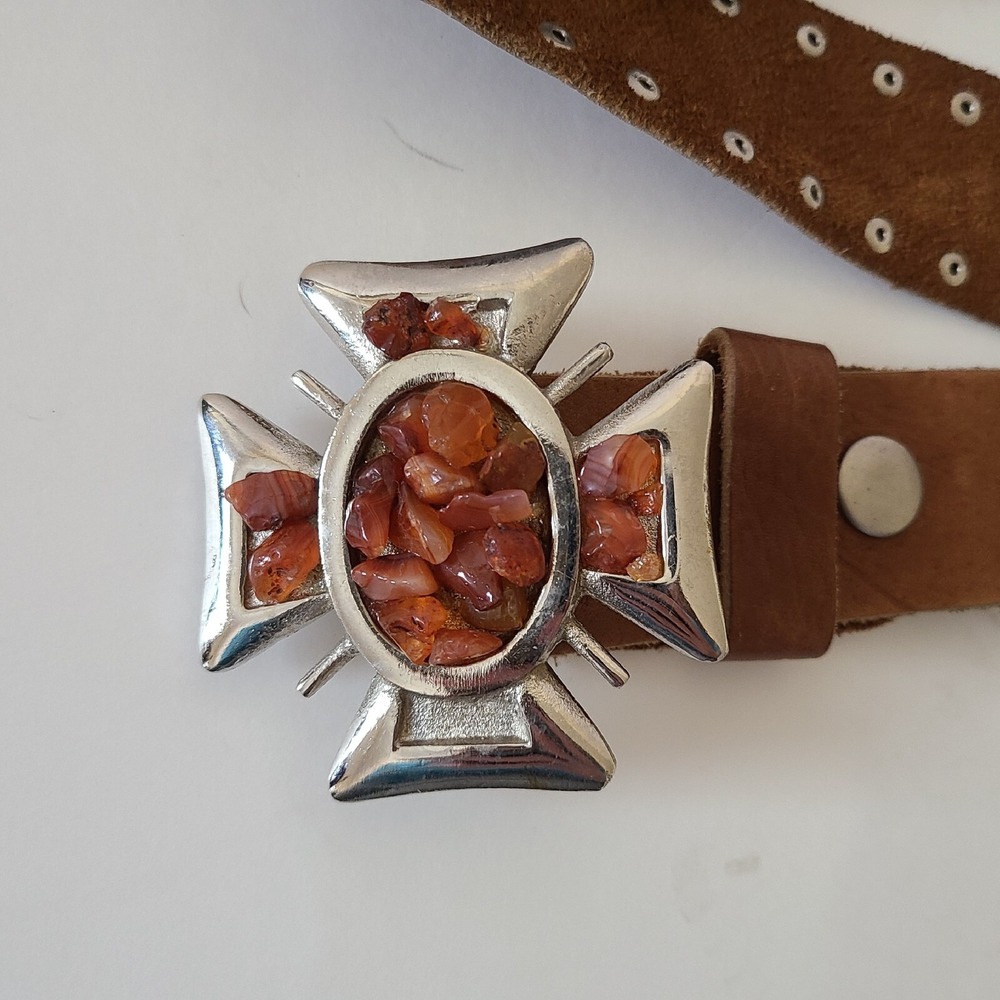 LEATHER BELT Brown, Studded & Carnelian Like Maltese Cross Buckle Fits 30" - 34"